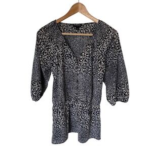 Banana Republic  White Blue Floral Smocked Waist 3/4 Sleeve Tunic Top Size‎ S